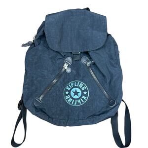 Kipling Fundamental Drawstring Backpack Blue Grey Bag Purse Nylon Canvas Tote